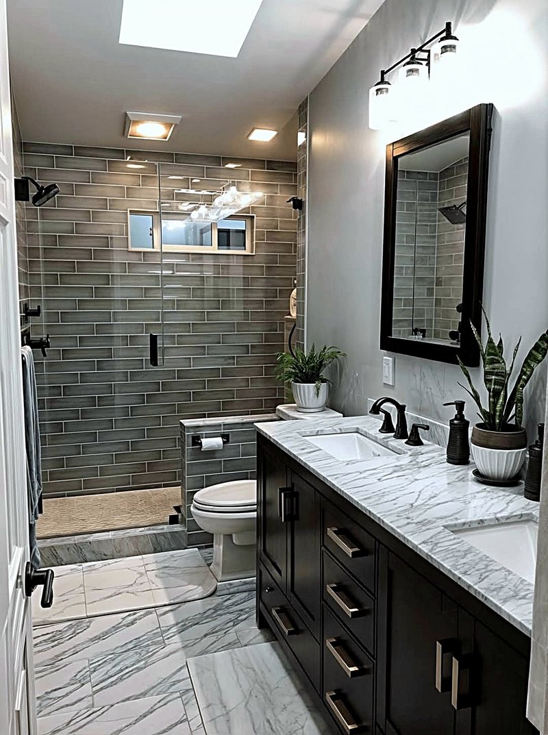 Bathroom remodel with a gray subway tile walk-in shower behind frameless glass, dark double vanity, and marble-look countertops