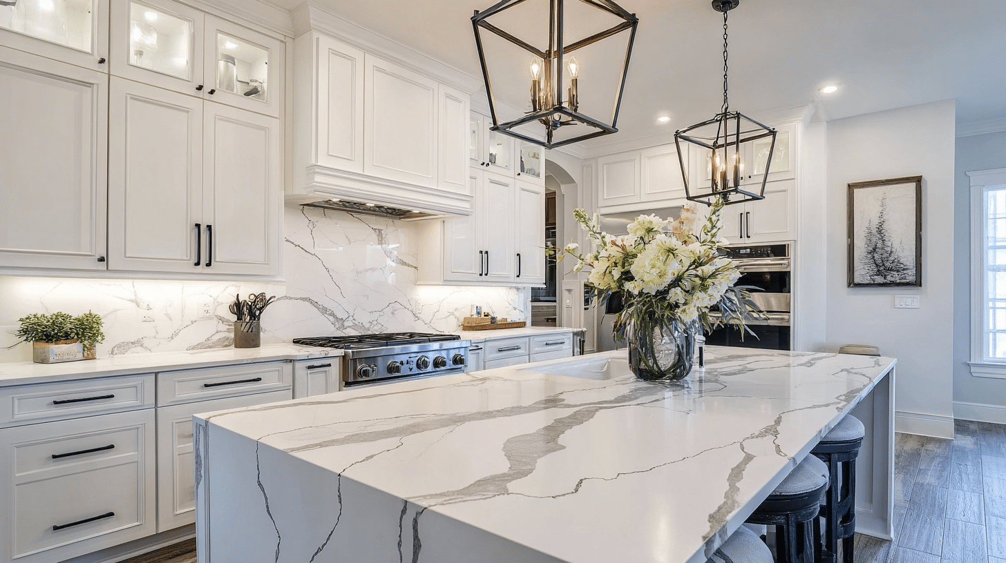 Remodeled white kitchen with a quartz waterfall island and marble-look backsplash